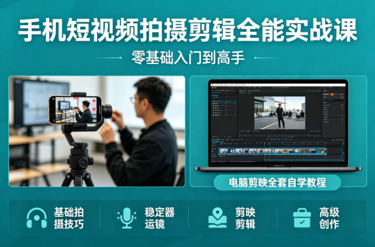 手机短视频拍摄剪辑全能实战课：零基础入门到高手，稳定器运镜+电脑剪映全套自学教程-366资源网